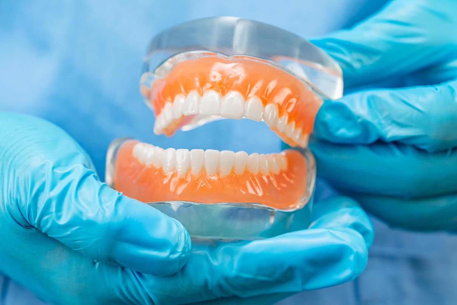 dentist holding a denture model